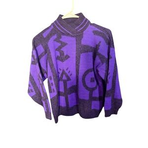 VINTAGE PURPLE GRAY ABSTRACT GEOMETRIC KNIT SWEATER TURTLENECK